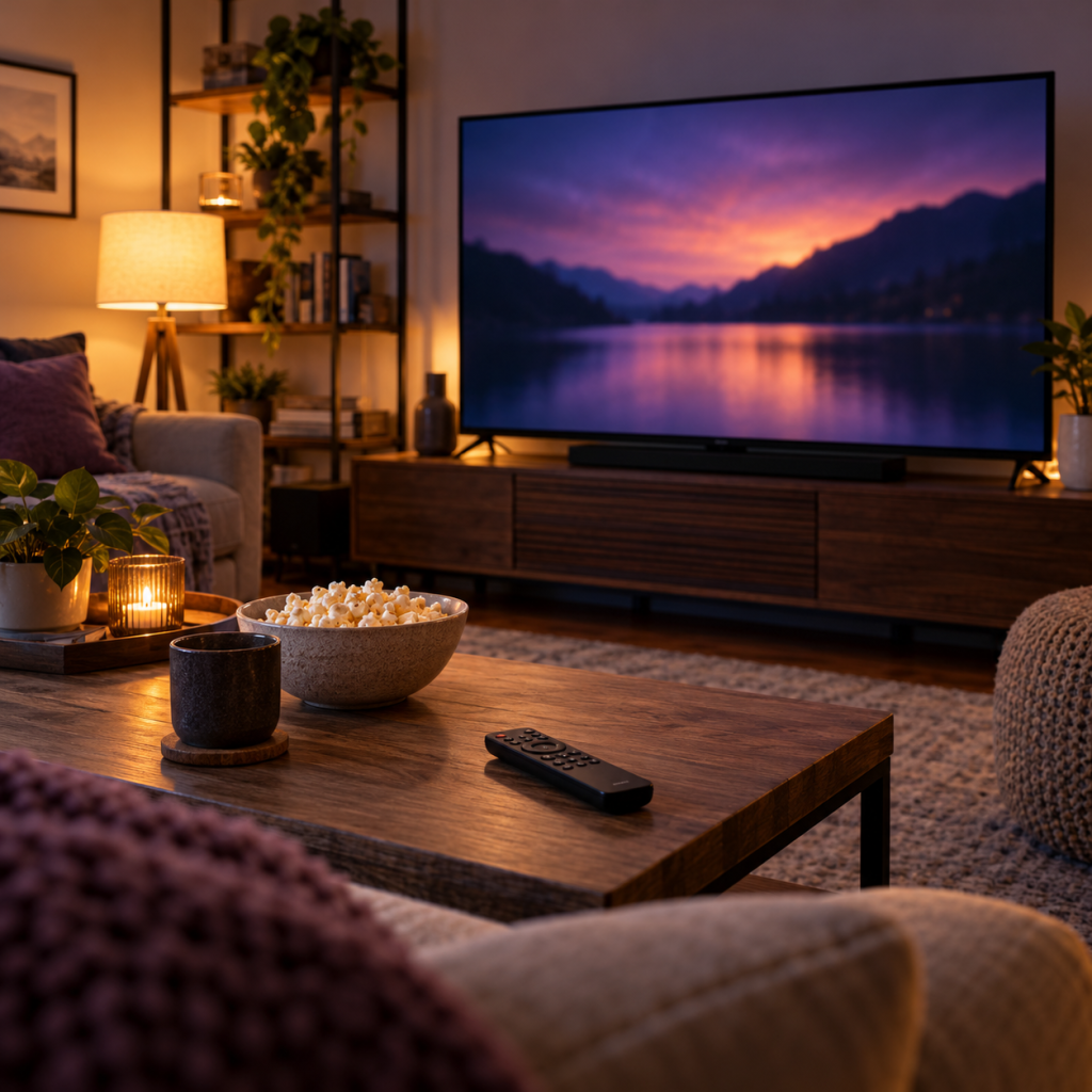 Sala de estar con televisor y control remoto para explorar Netflix desde Estados Unidos