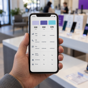 Teléfono mostrando una comparación de planes celulares dentro de una tienda de tecnología
