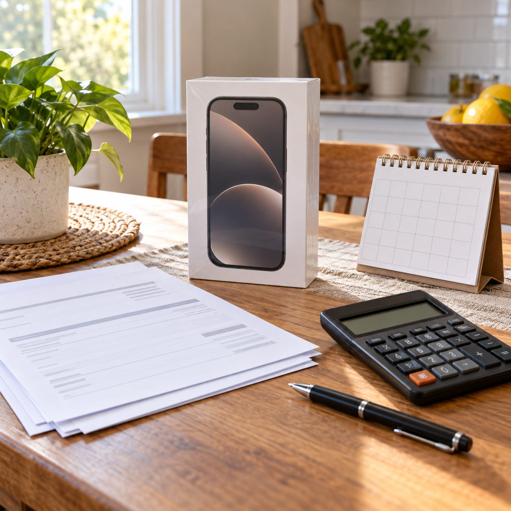 Caja de teléfono, calendario, facturas y calculadora para entender créditos mensuales