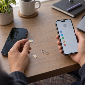 Manos transfiriendo una tarjeta SIM entre dos teléfonos para cambiar de compañía celular