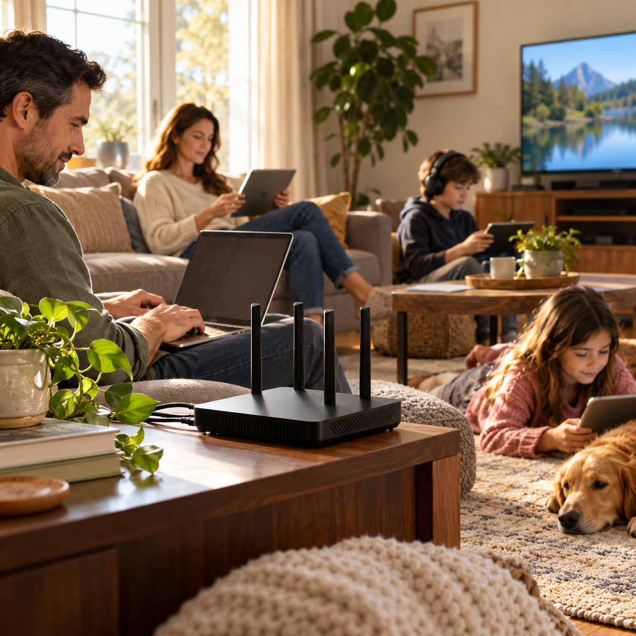 Familia usando varios dispositivos conectados al WiFi en casa