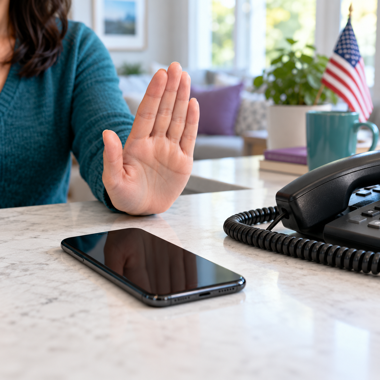 Mano haciendo un gesto de alto junto a un celular y un teléfono fijo en una casa de Estados Unidos