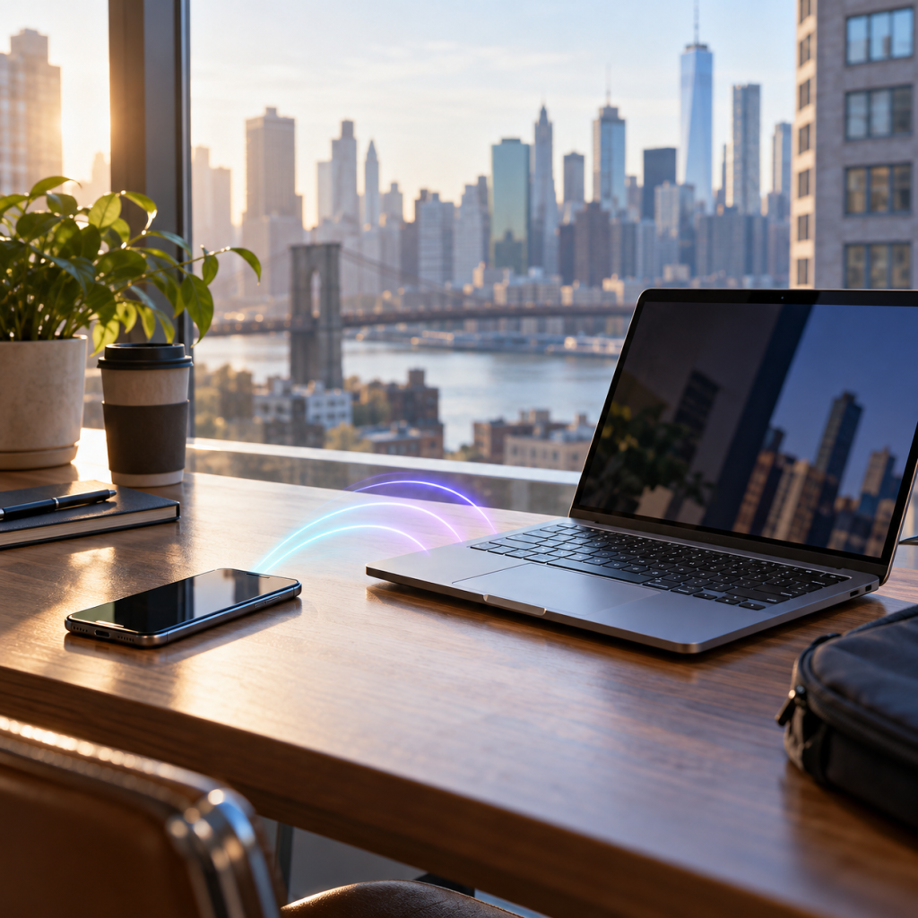 Teléfono y laptop conectados mediante hotspot con una ciudad de Estados Unidos desenfocada al fondo