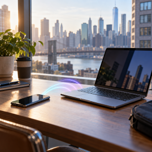 Teléfono y laptop conectados mediante hotspot con una ciudad de Estados Unidos desenfocada al fondo