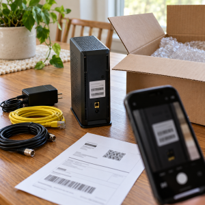 Módem, cables, caja de devolución, recibo y teléfono con cámara