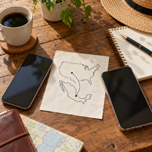 Dos teléfonos y un mapa sencillo entre Estados Unidos y México