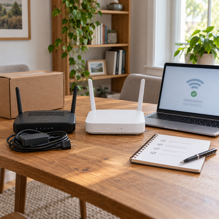 Dos routers, una laptop y una caja de devolución durante un cambio de internet