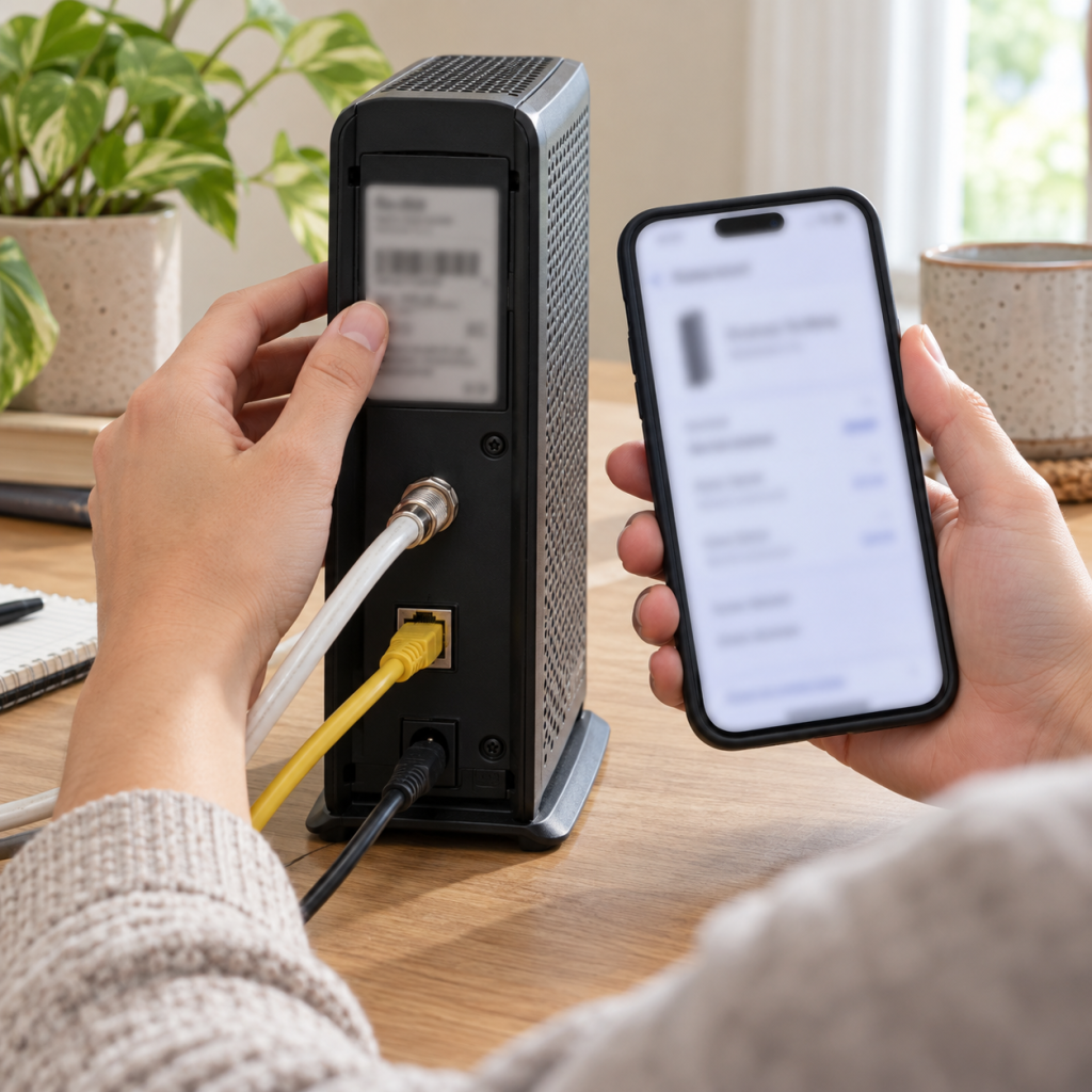 Persona comprobando la etiqueta de un módem junto a un teléfono
