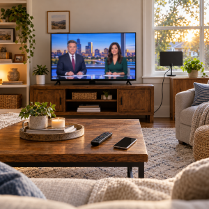Televisor con noticias locales y una antena interior junto a la ventana