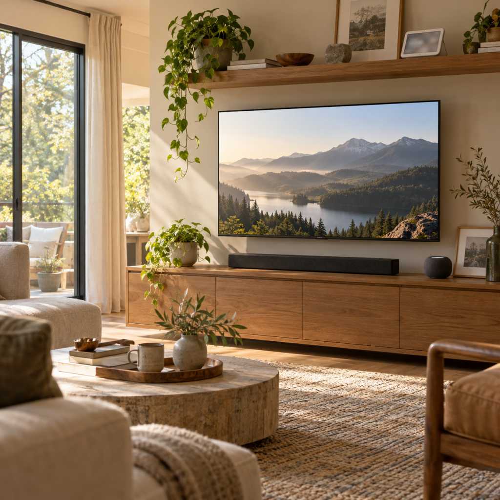 Sala de estar natural con televisor y dispositivos de hogar inteligente