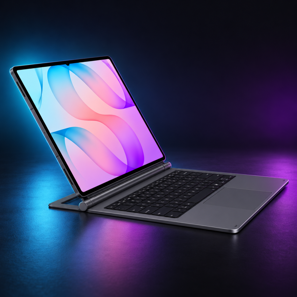 Galaxy Tab S12 Ultra instalada en el Pro Keyboard sobre un fondo oscuro morado y cian