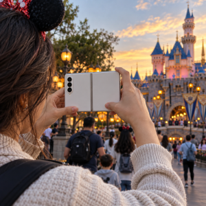 Persona fotografía un castillo con un teléfono plegable blanco al atardecer