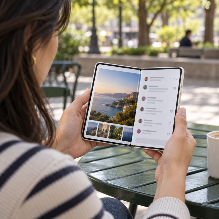 Persona usa una aplicación social en un teléfono plegable abierto al aire libre
