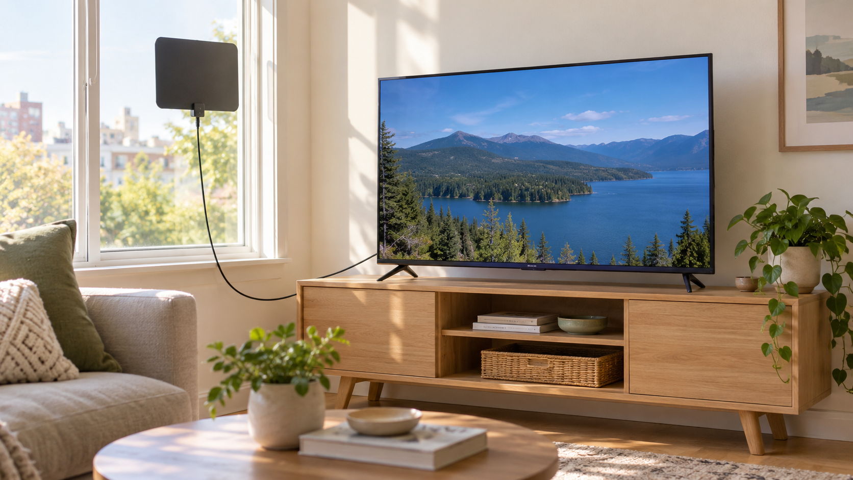 Antena interior conectada a un televisor junto a una ventana en una sala iluminada