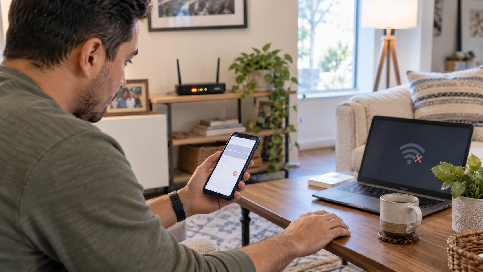 Persona comprobando desde un teléfono si existe una interrupción de internet mientras la computadora muestra que no hay WiFi