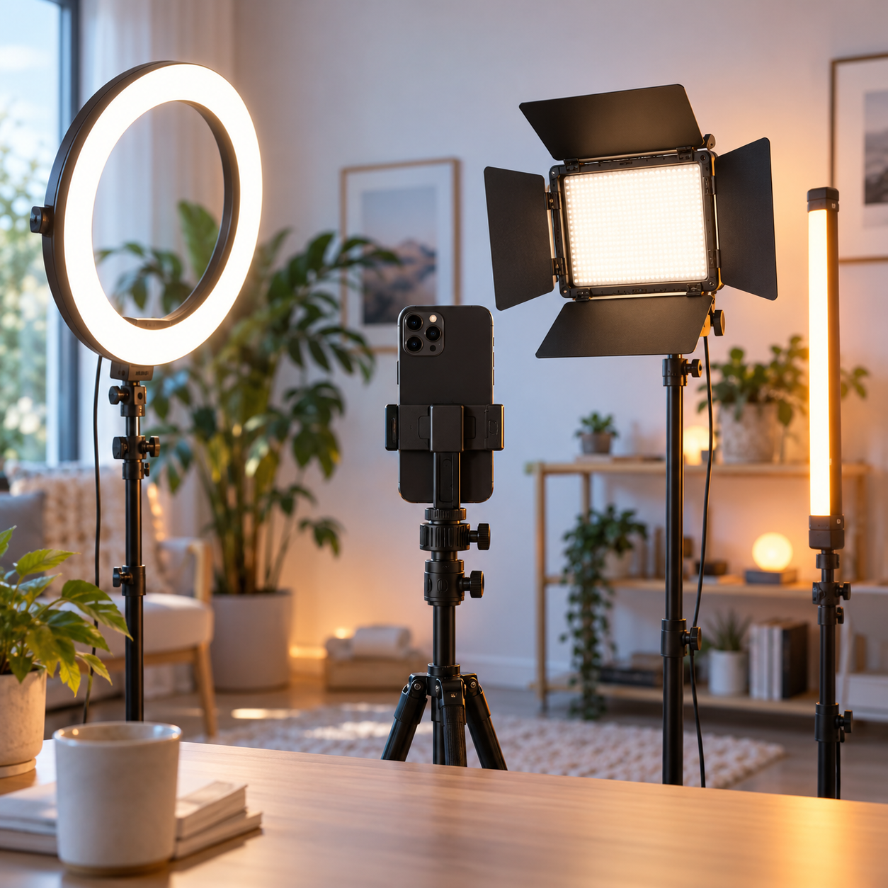 Aro de luz, panel LED y teléfono en un estudio para crear videos