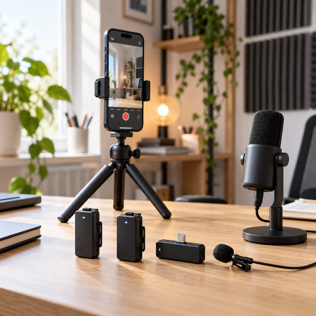 Micrófonos compactos y teléfono preparados para grabar videos verticales