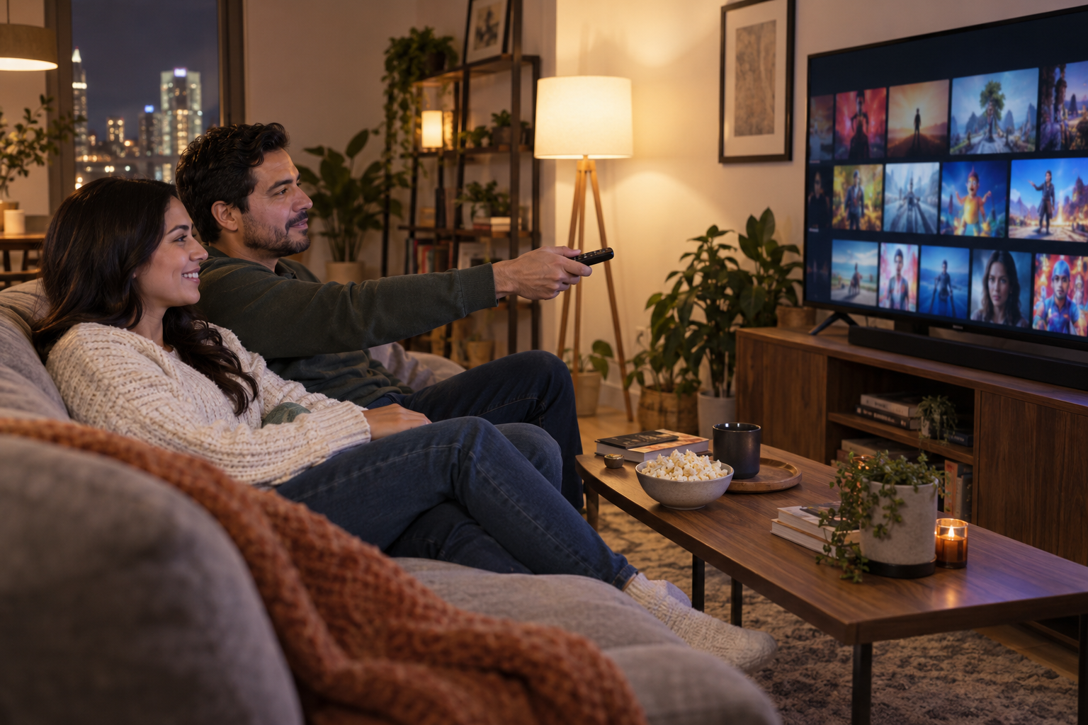 Pareja explorando categorías de una plataforma de streaming desde su sala