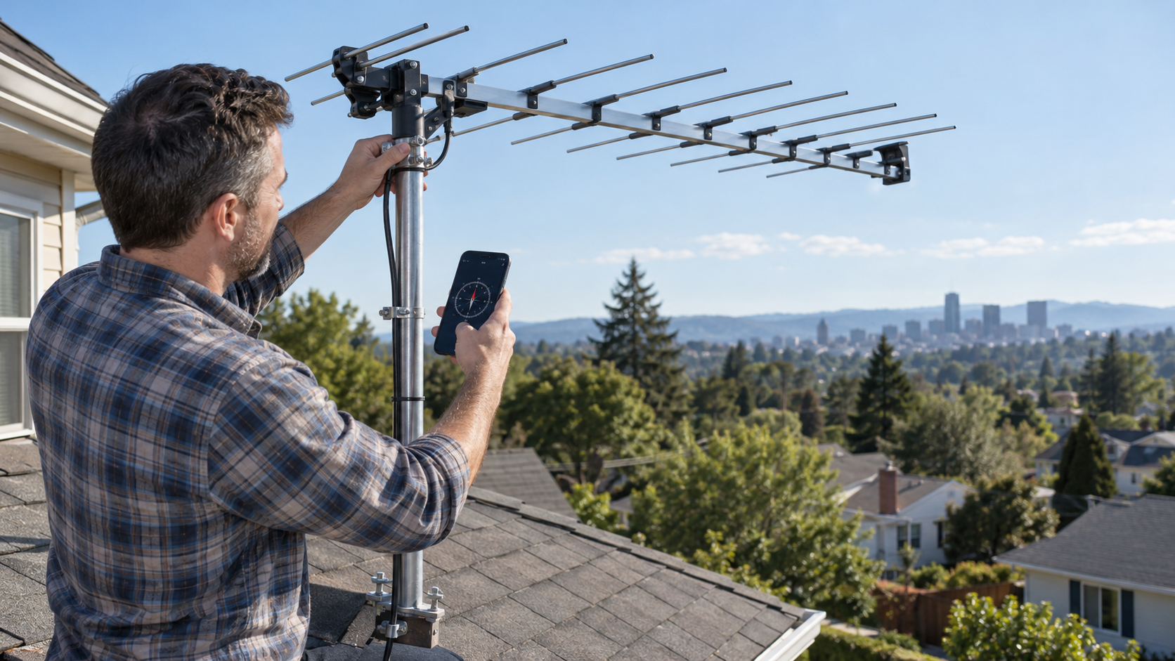 Persona orientando cuidadosamente una antena exterior de televisión con ayuda de una brújula en el teléfono