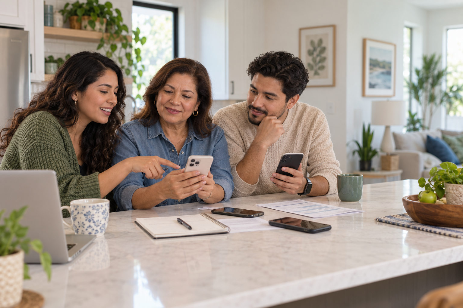Familia comparando varias líneas de teléfono celular y sus costos