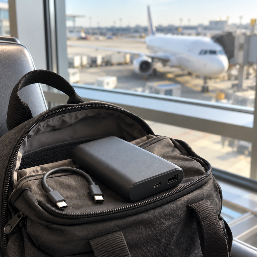 Powerbank y cable USB-C sobre una mochila de mano abierta, con un avión desenfocado al fondo de una terminal.