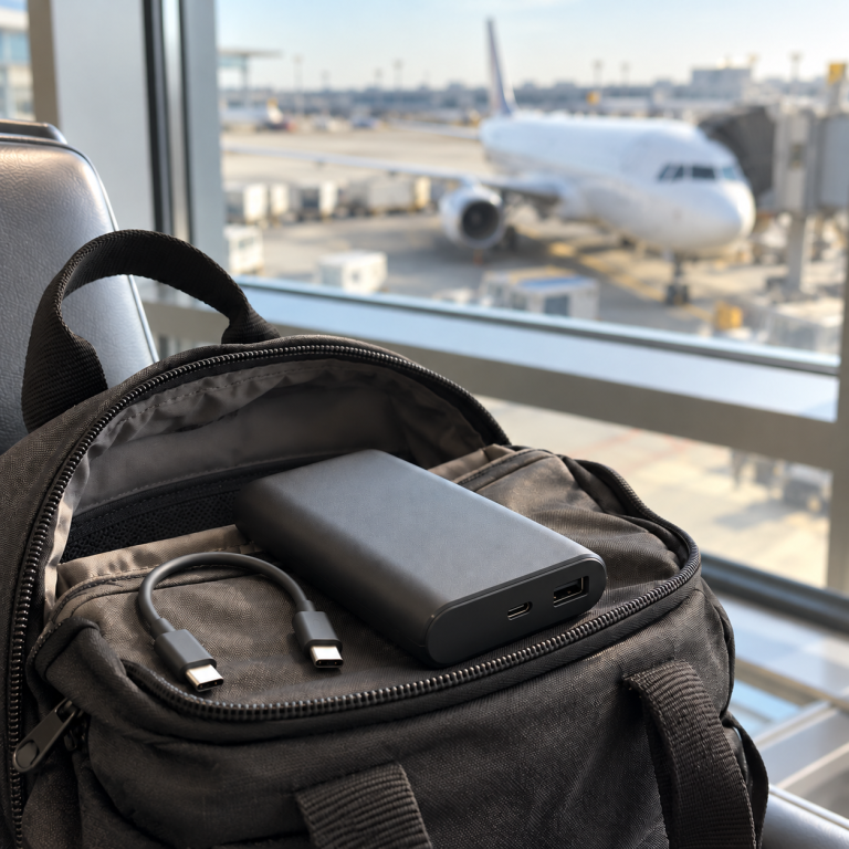 Powerbank y cable USB-C sobre una mochila de mano abierta, con un avión desenfocado al fondo de una terminal.
