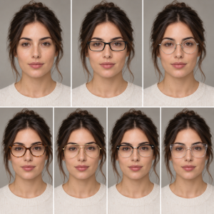 Comparación ilustrativa de una persona ficticia con seis estilos de lentes