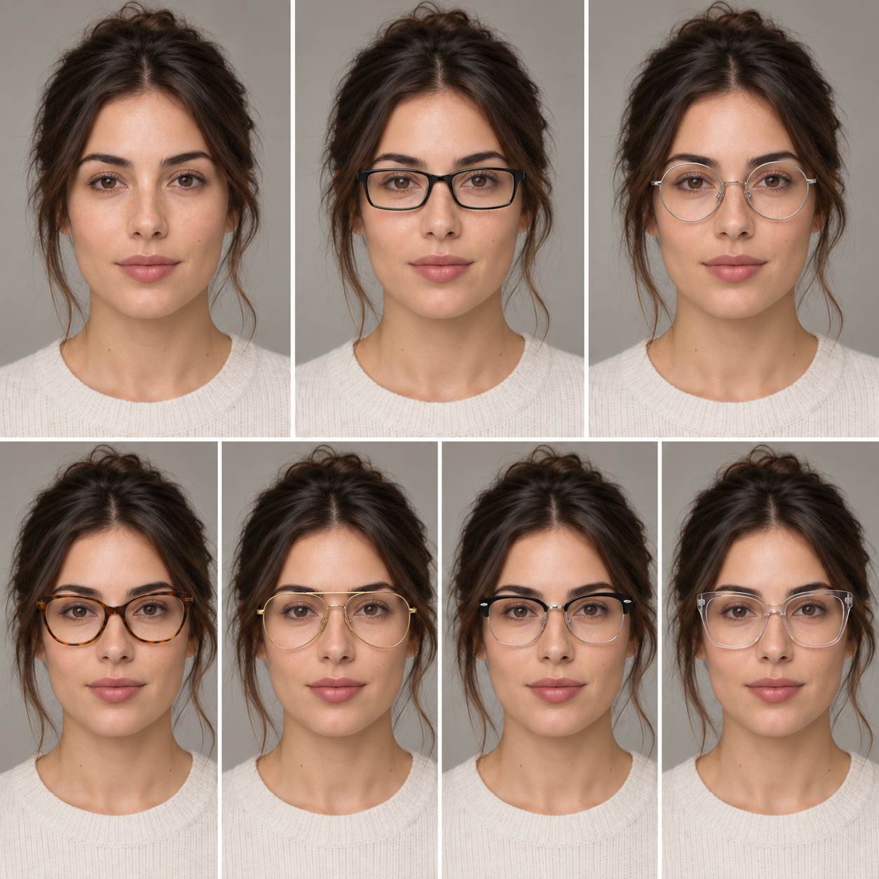 Comparación ilustrativa de una persona ficticia con seis estilos de lentes
