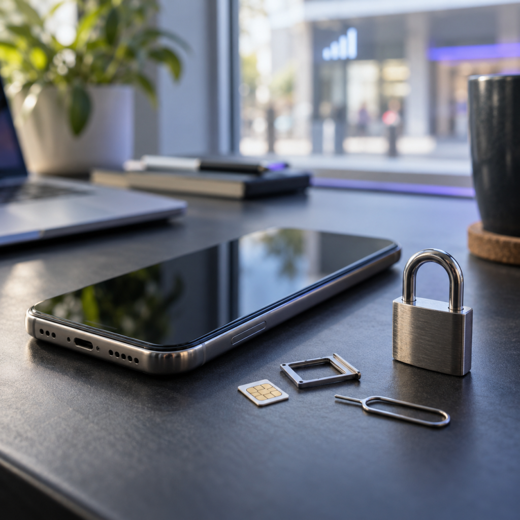 Teléfono, tarjeta SIM y candado sobre un escritorio, como símbolo de protección contra SIM swap y port-out