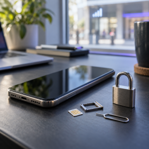 Teléfono, tarjeta SIM y candado sobre un escritorio, como símbolo de protección contra SIM swap y port-out