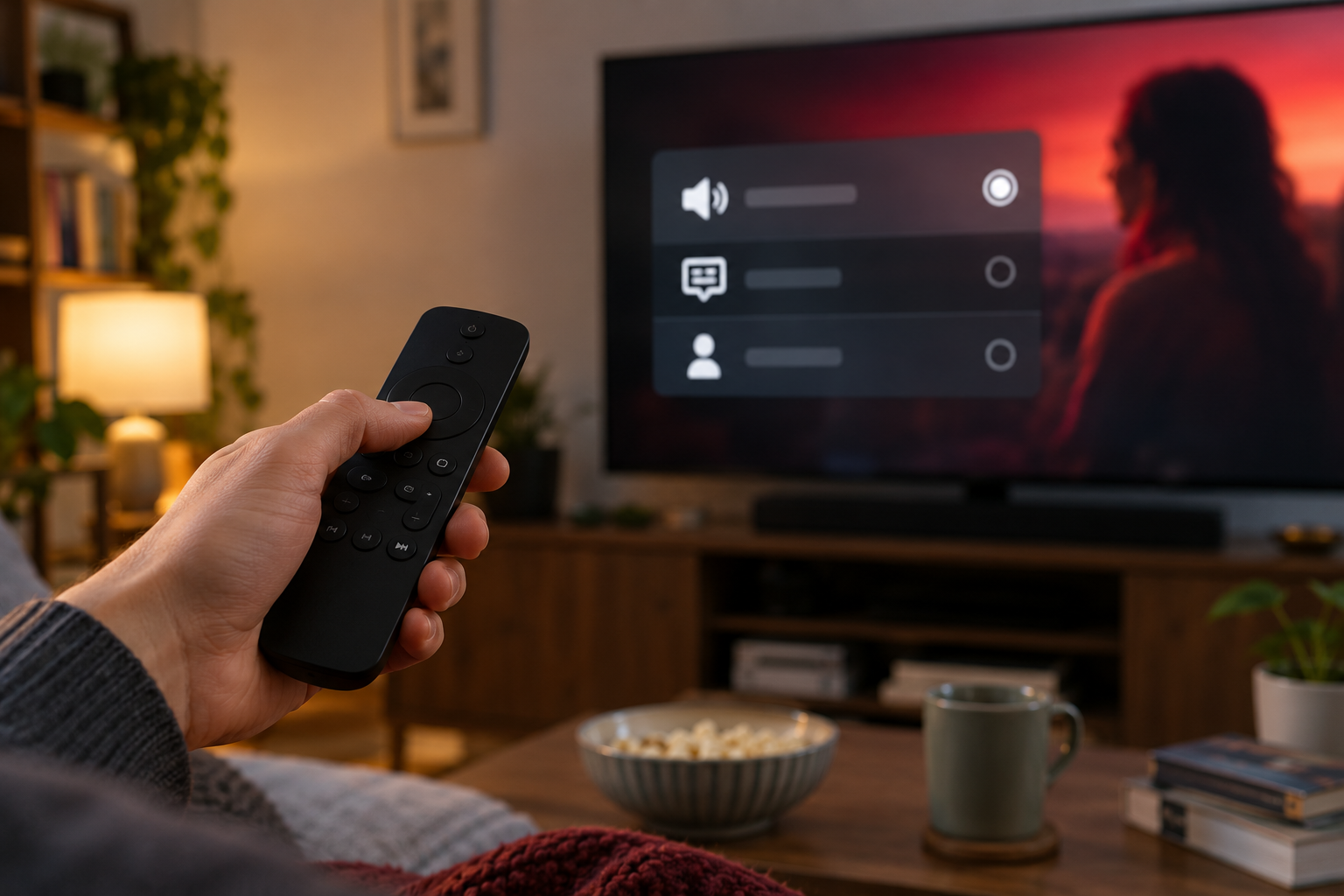 Control remoto frente a un televisor con opciones genéricas de audio y subtítulos
