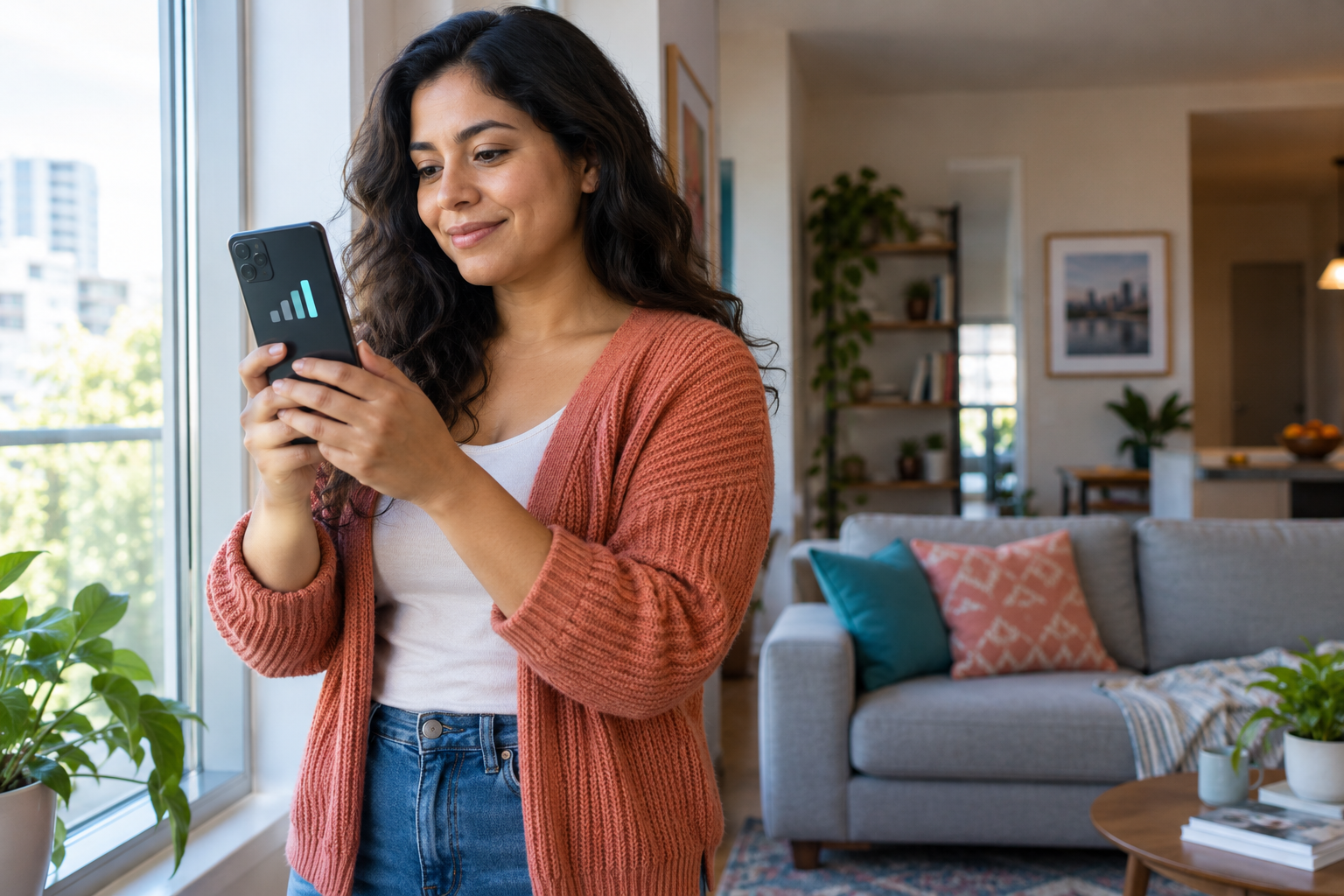 Mujer comprobando la señal celular dentro de un apartamento