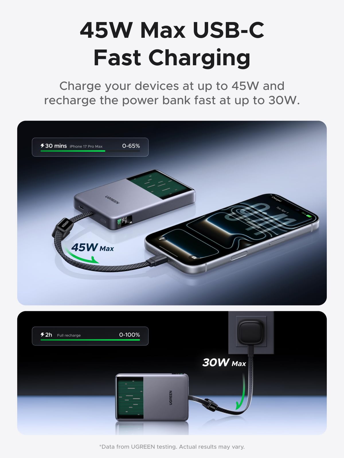 Cable USB-C integrado de la MagFlow Pro conectado a un teléfono y esquema de recarga de la batería