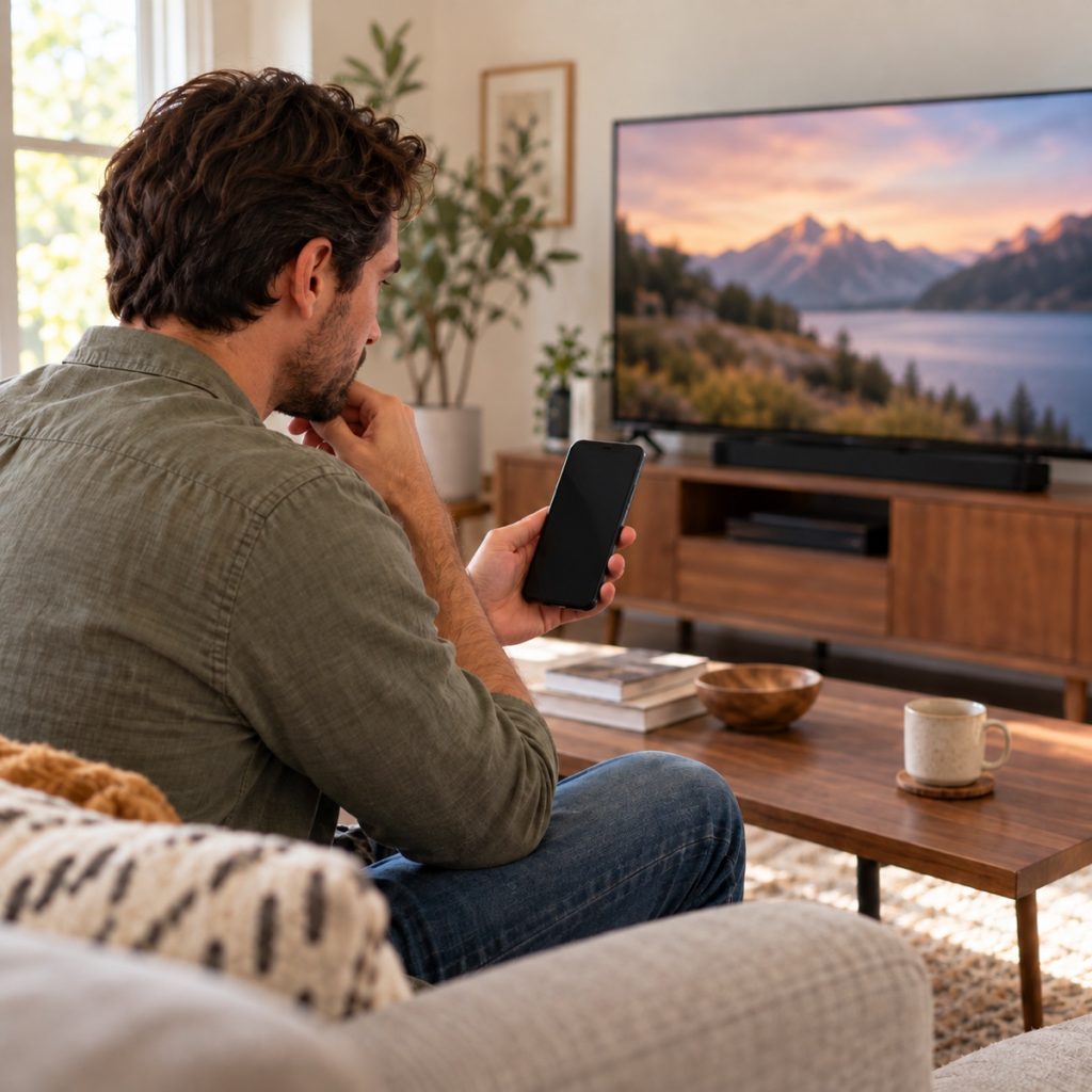 Televisor y teléfono usados para corregir una ubicación equivocada en YouTube TV
