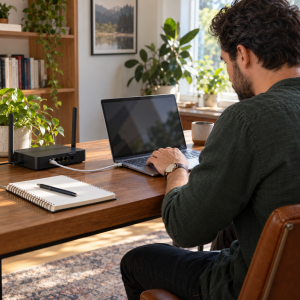 Computadora conectada por Ethernet para comprobar la velocidad del internet doméstico