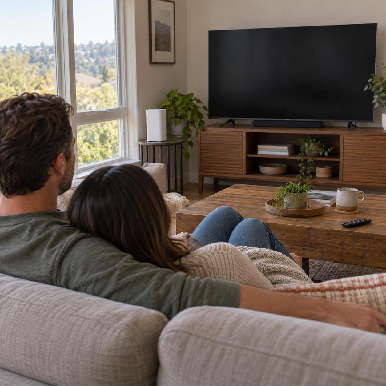 Pareja frente a un televisor conectado al internet doméstico