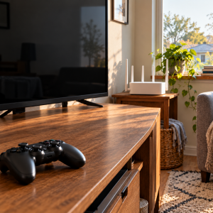 Control de videojuegos y televisor apagado junto a un equipo de red cerca de una ventana