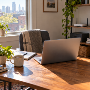 Portátil en un escritorio de teletrabajo junto a una ventana y un equipo de red
