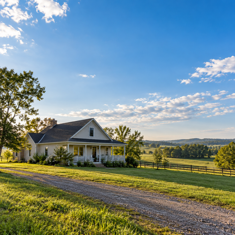 Casa rural con jardín y una vista amplia del cielo