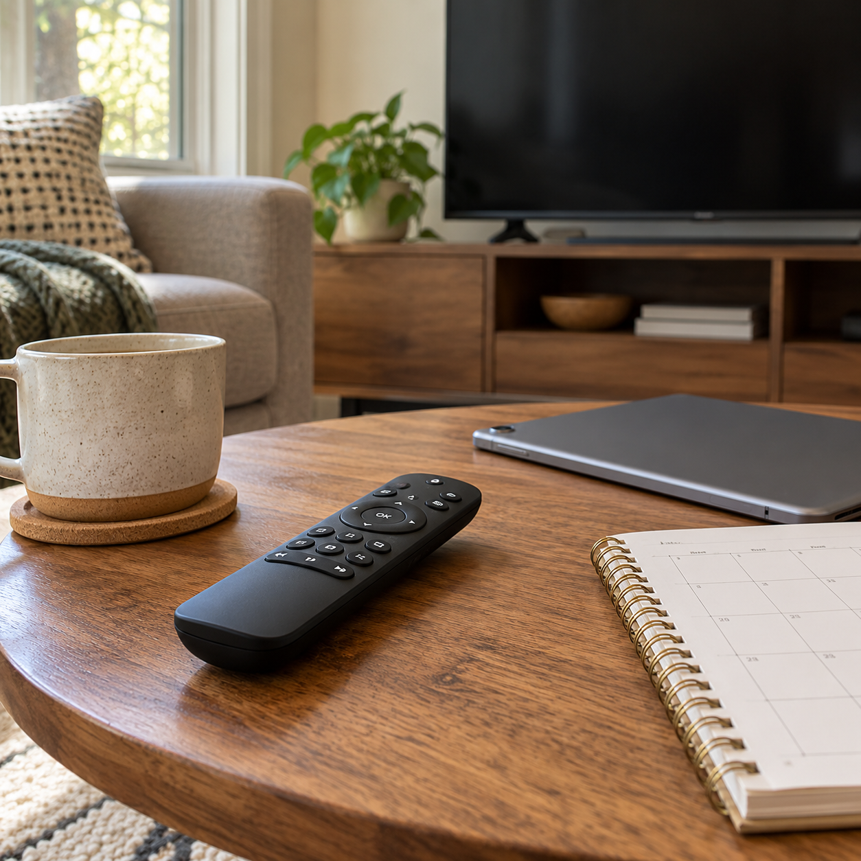Mesa de sala con mando, calendario y televisor apagado