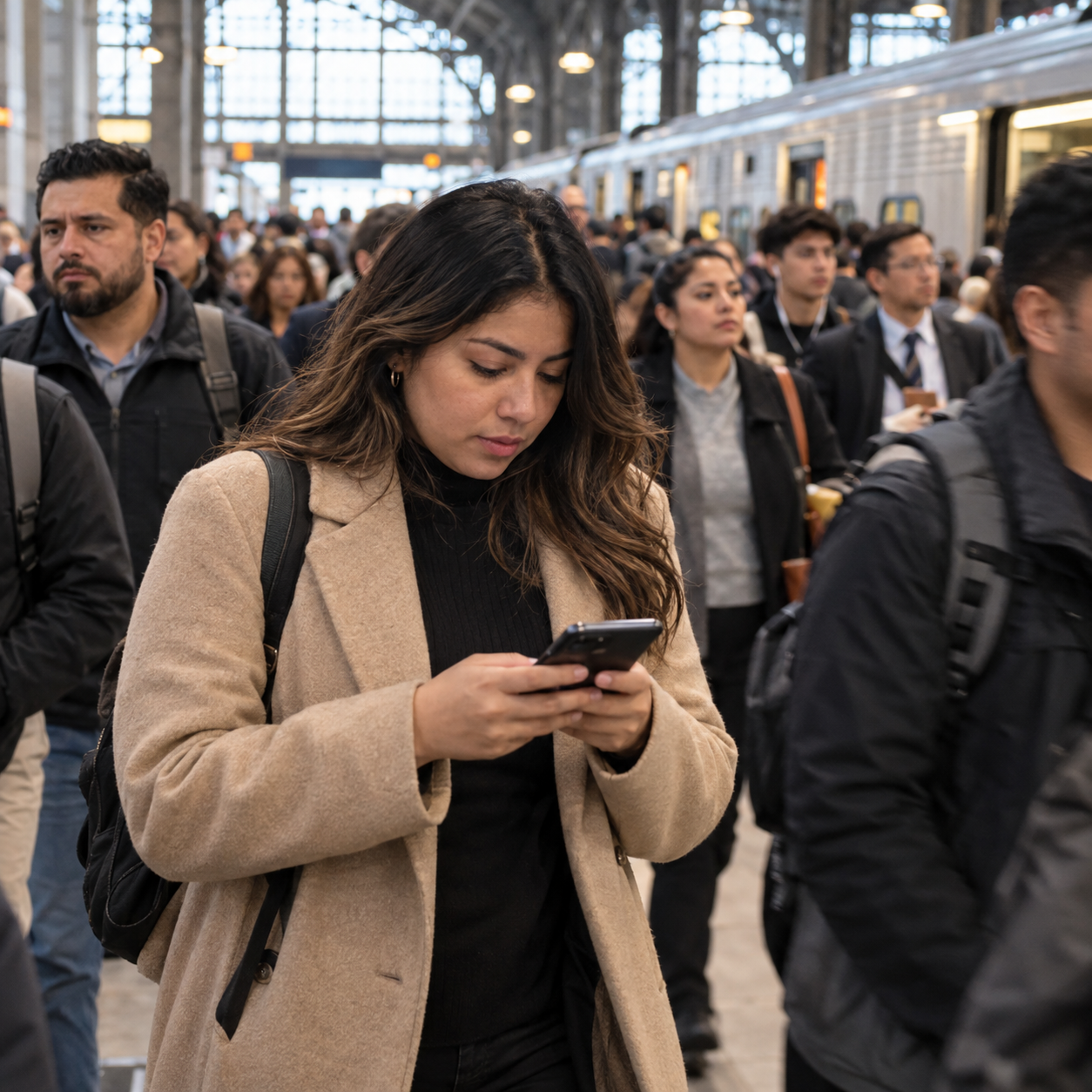 Persona usa datos móviles en una estación concurrida
