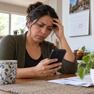 Persona revisa un celular prepago después de vencer la recarga