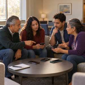 Familia multigeneracional revisando cómo separar líneas de un plan celular