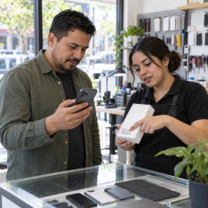 Comprador y técnica revisando la etiqueta de un celular usado en una tienda de reparación