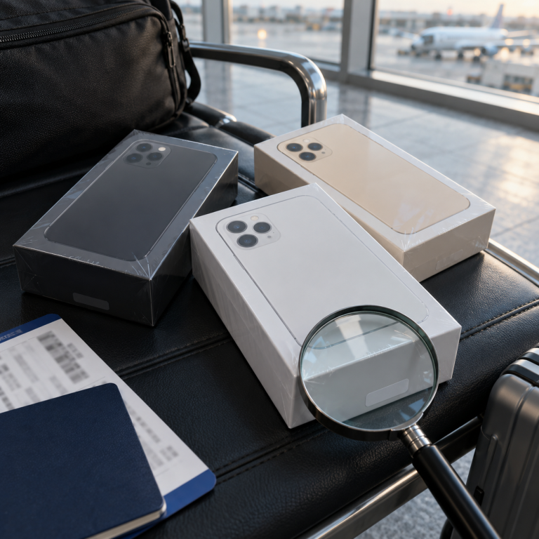Cajas de teléfonos de distintos mercados junto a una lupa en un aeropuerto