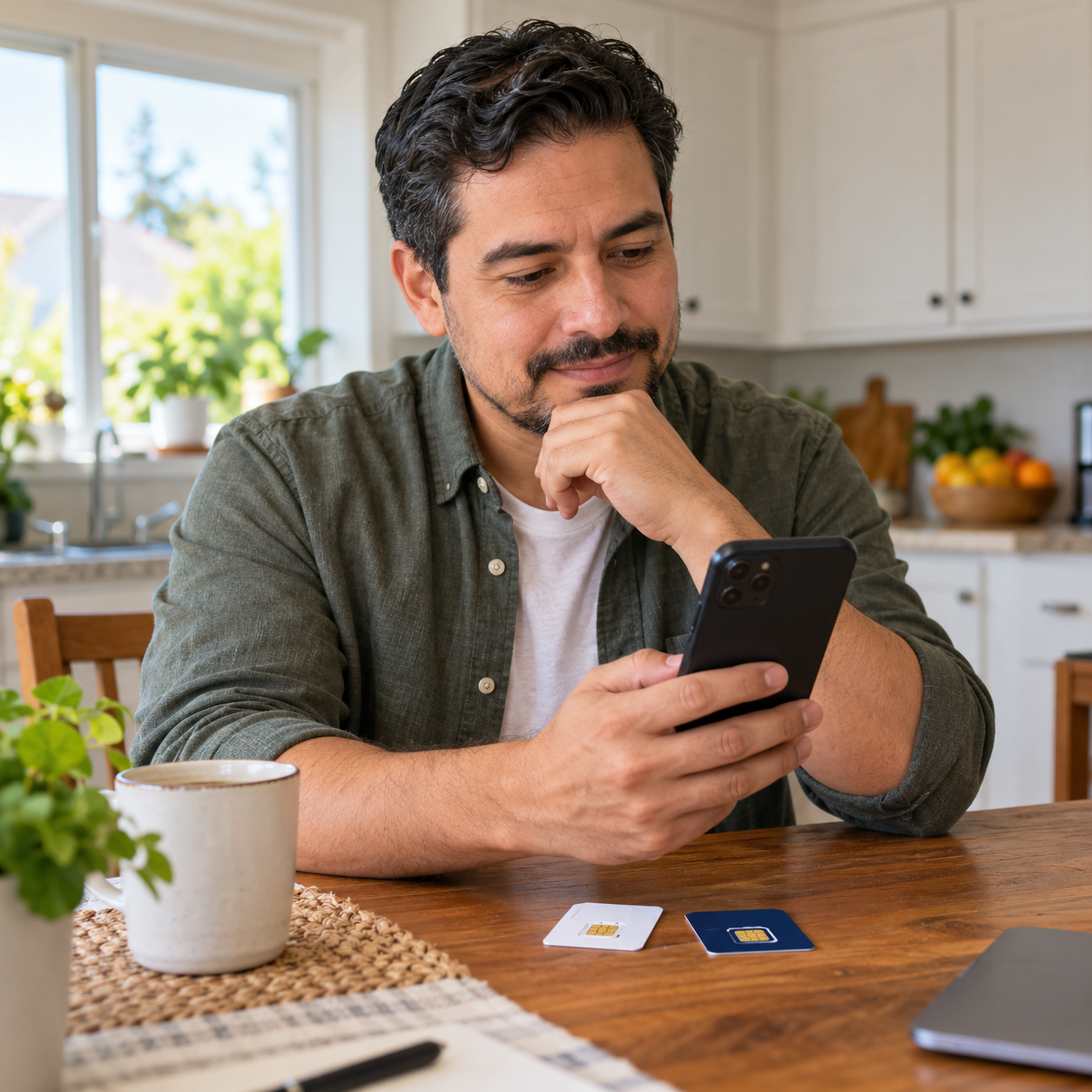 Hombre revisando dos líneas móviles en un solo teléfono en una cocina de Estados Unidos