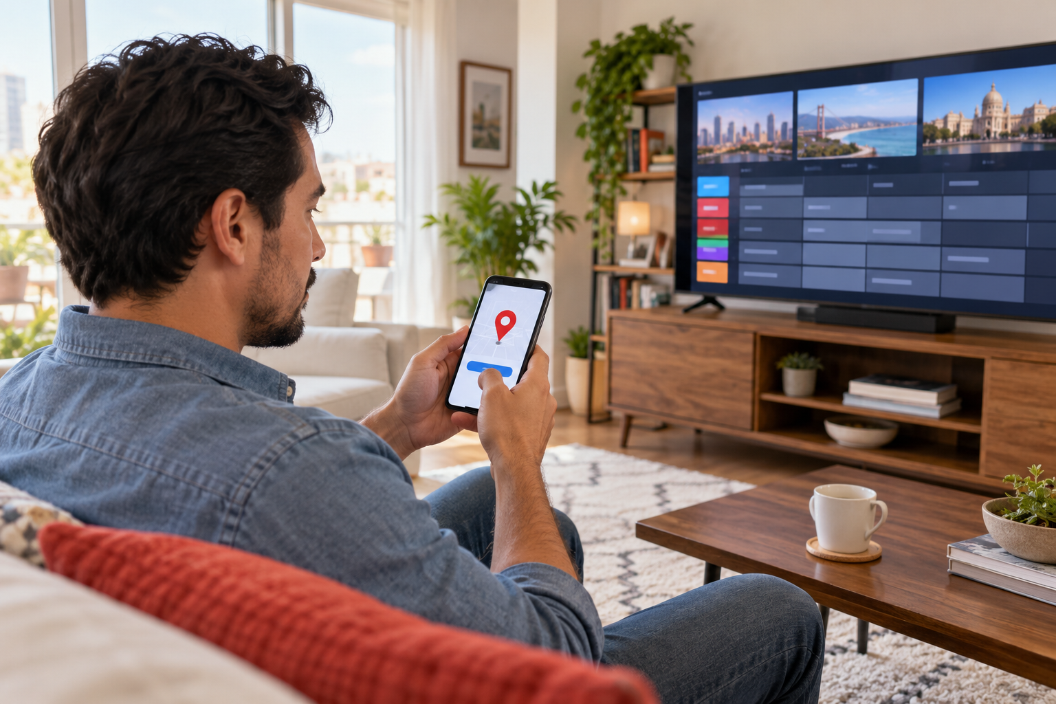 Persona revisando en su teléfono la ubicación asociada con el servicio de televisión