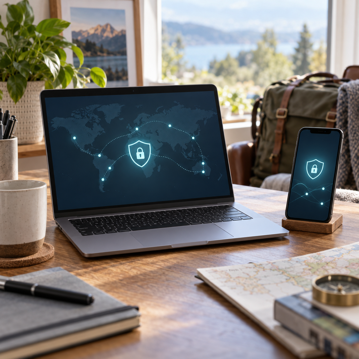Laptop y teléfono en un espacio de trabajo con una interfaz visual de privacidad digital