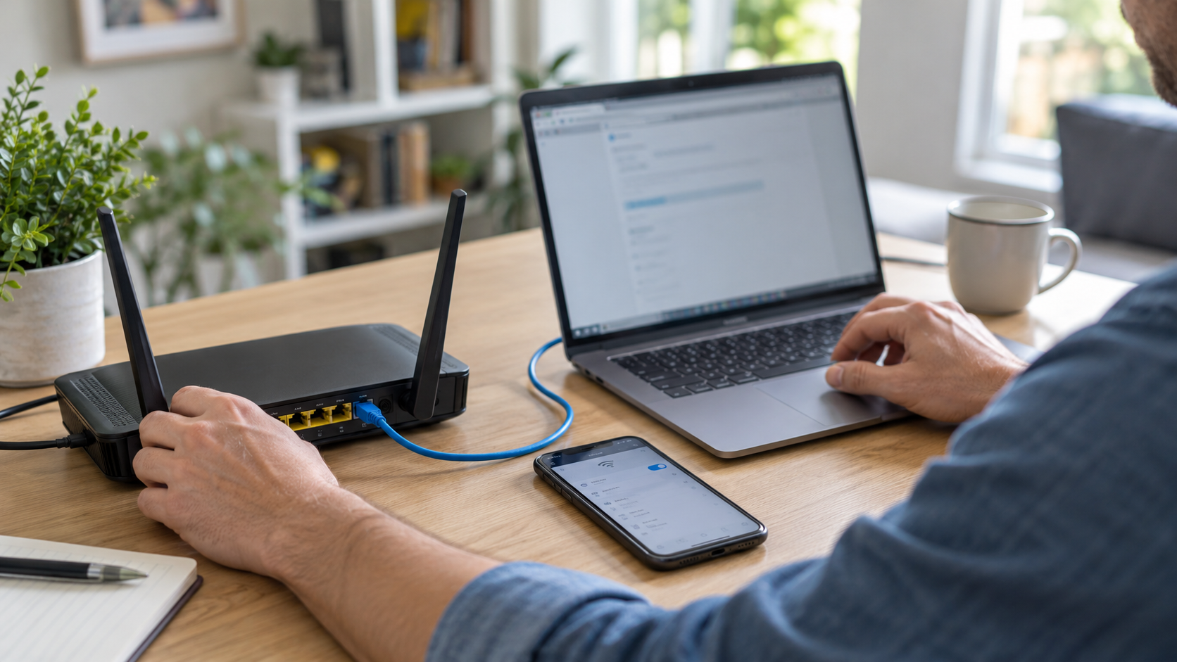 Persona comprobando una conexión WiFi con un router, un cable Ethernet, una computadora y un teléfono