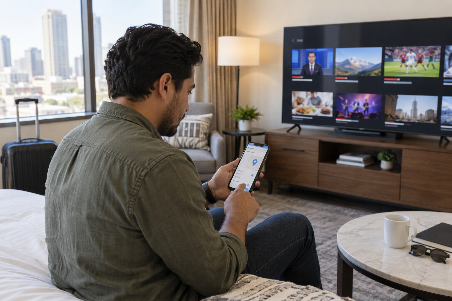 Viajero comprobando la ubicación de un servicio de televisión desde un hotel